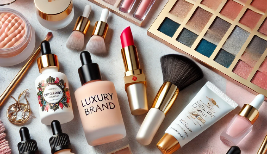 DALL·E 2025-02-25 09.29.10 - A stylish and slightly playful beauty flat lay composition featuring a mix of high-end and drugstore makeup products, skincare serums, and customizabl.png