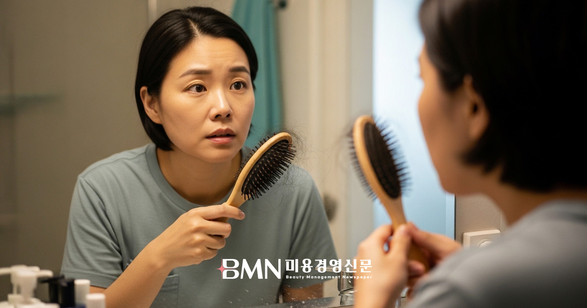 브러시에 빠진 머리카락을 보며 탈모를 걱정하는 여성