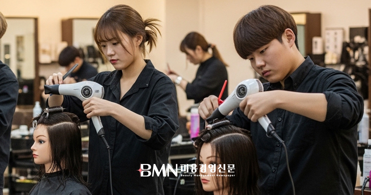 미용학과 실습 수업에서 헤어 스타일링을 배우는 학생들 모습