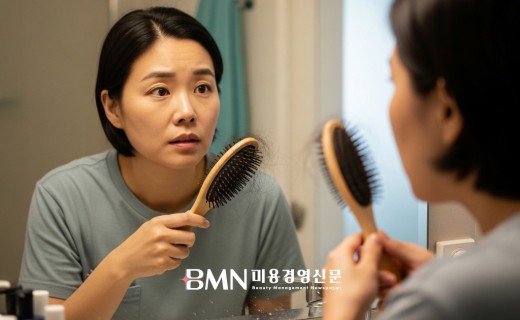 브러시에 빠진 머리카락을 보며 탈모를 걱정하는 여성