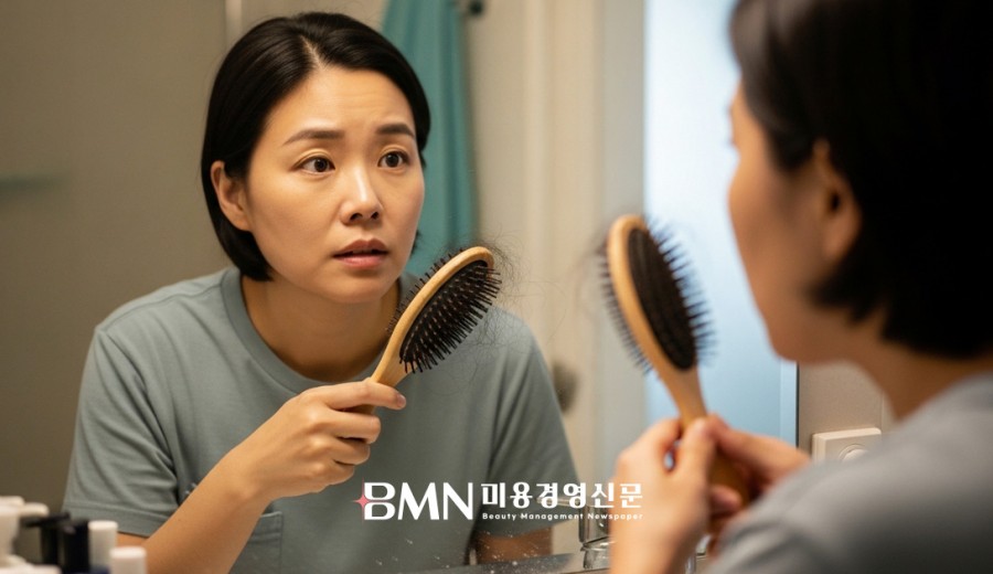 브러시에 빠진 머리카락을 보며 탈모를 걱정하는 여성
