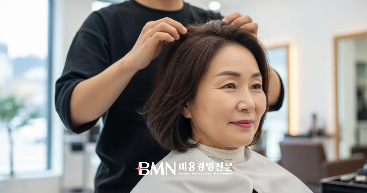 미용실에서 헤어 관리를 받고 있는 50대 한국 여성의 모습