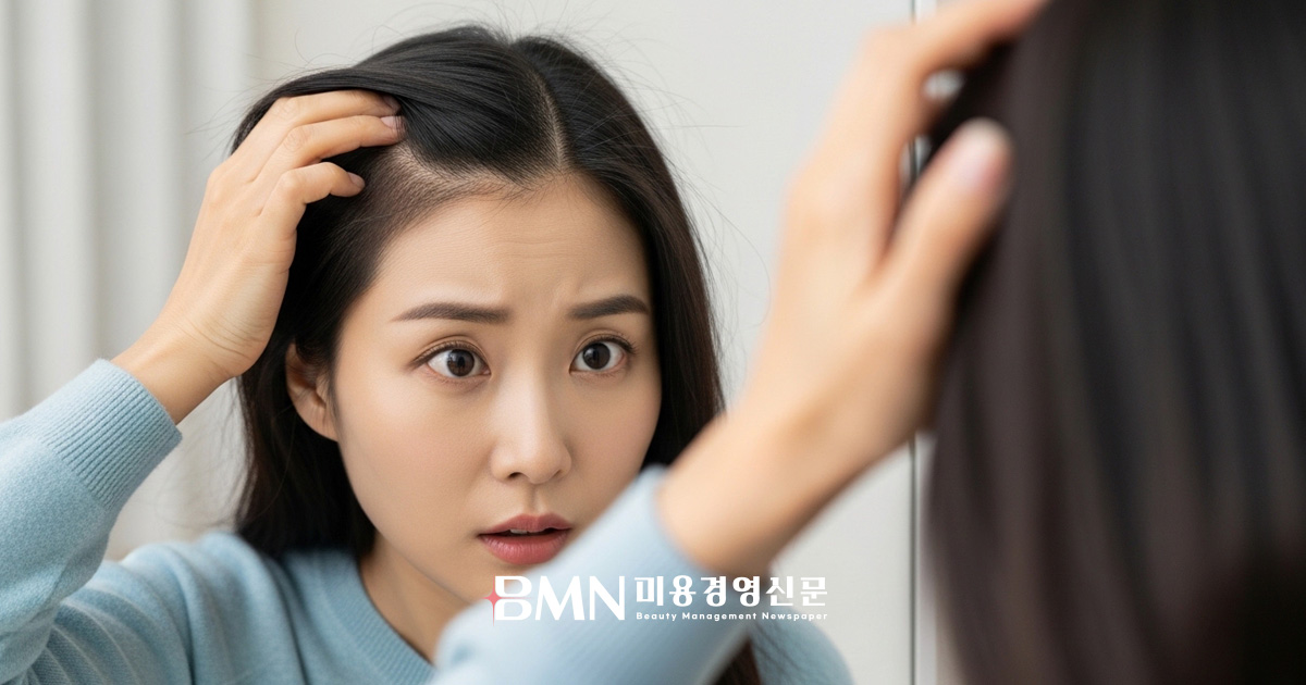 머리카락 가늘어짐 탈모 초기 가르마 변화 확인하는 여성