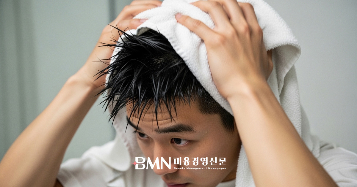 수건으로 머리를 세게 문지르는 잘못된 습관 예시