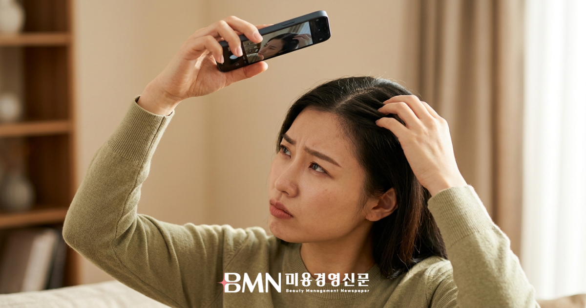 스마트폰으로 자신의 정수리 가르마를 확인하는 여성