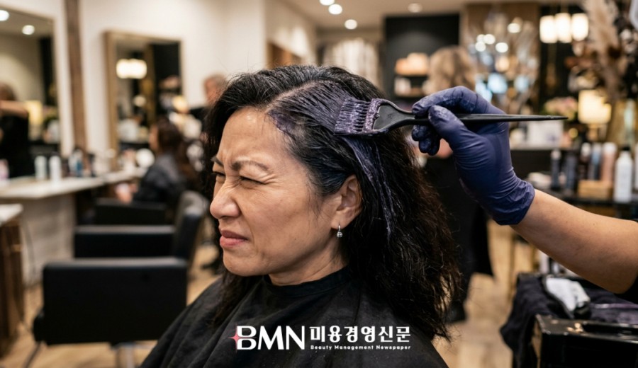 새치 염색 시술 중 두피 자극에 미간을 찌푸리는 고객