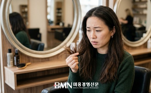 갈라진 모발 끝을 확인하며 낙담한 표정의 살롱 고객