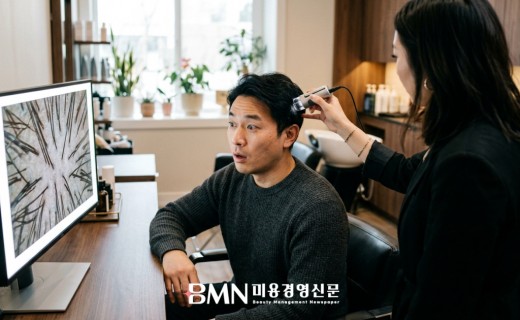 두피 측정 모니터를 확인하는 살롱 고객과 디자이너