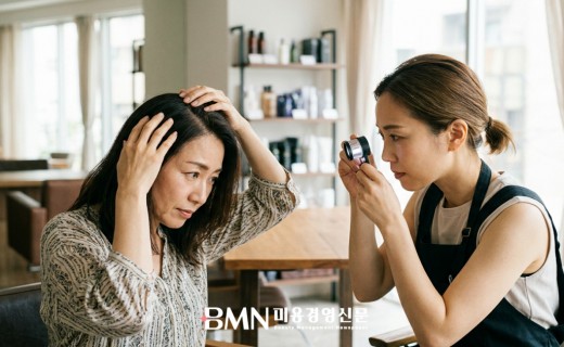 가르마를 벌려 두피 각질을 보여주는 고객과 확대경으로 살피는 디자이너