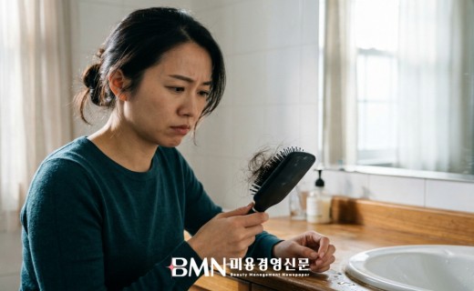 브러시에 엉킨 머리카락을 걱정스럽게 바라보는 여성