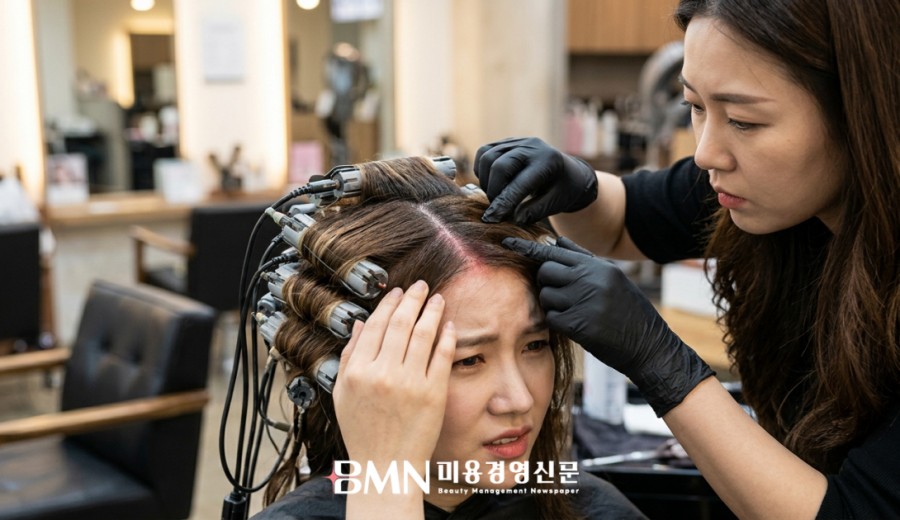 디지털펌 롯드가 감긴 상태에서 붉어진 정수리 두피를 확인하는 고객과 헤어 디자이너