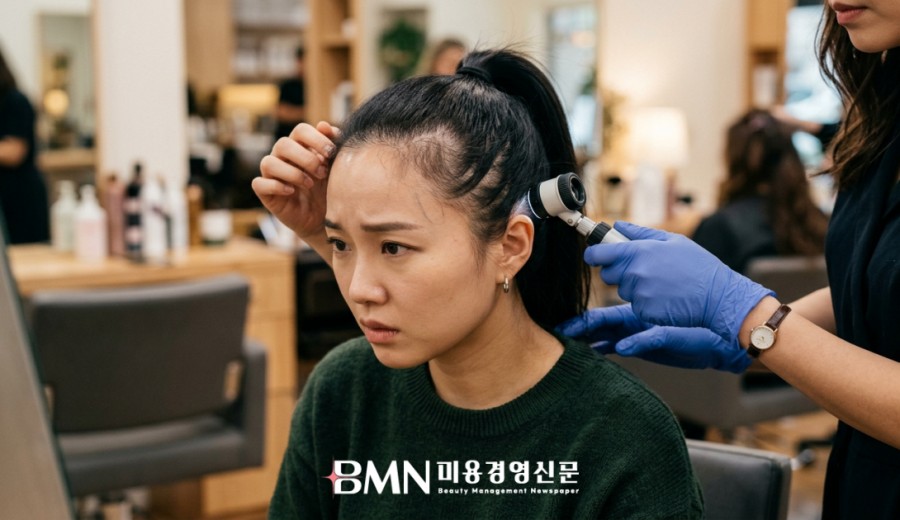 거울 앞에서 타이트하게 묶은 포니테일의 앞쪽 헤어라인을 들추며 가늘어진 모발을 걱정스럽게 확인하는 여성 고객
