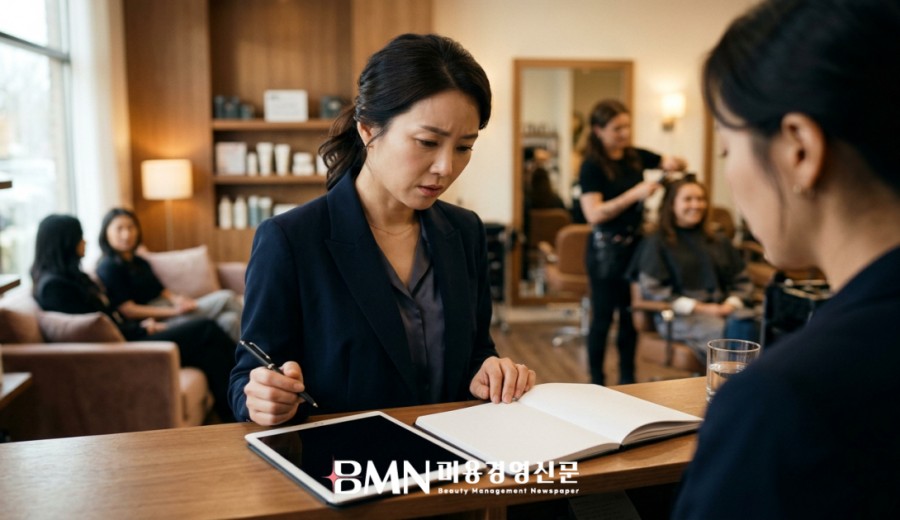 명절 연휴 직전 예약이 몰린 살롱에서 예약 일정을 조정하는 원장