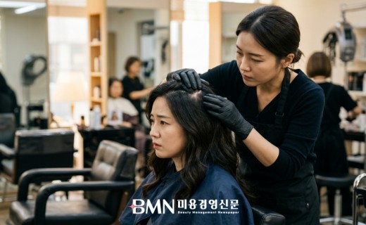 미용실에서 헤어디자이너가 고객의 두피를 살펴보고 고객이 걱정스러운 표정을 짓고 있는 모습