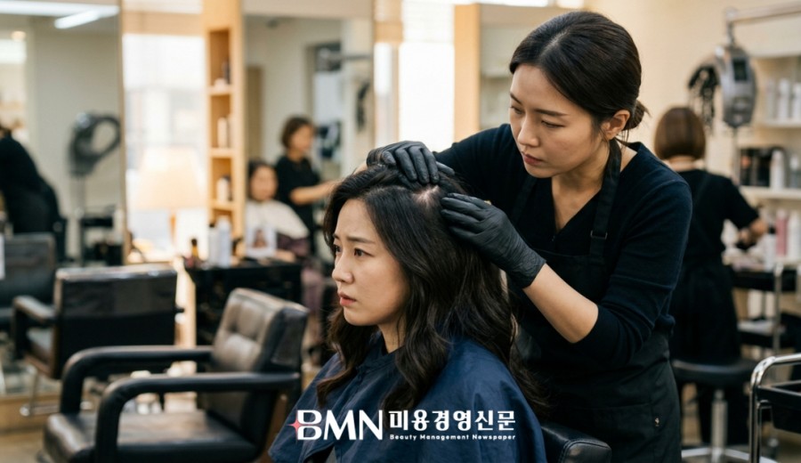 미용실에서 헤어디자이너가 고객의 두피를 살펴보고 고객이 걱정스러운 표정을 짓고 있는 모습
