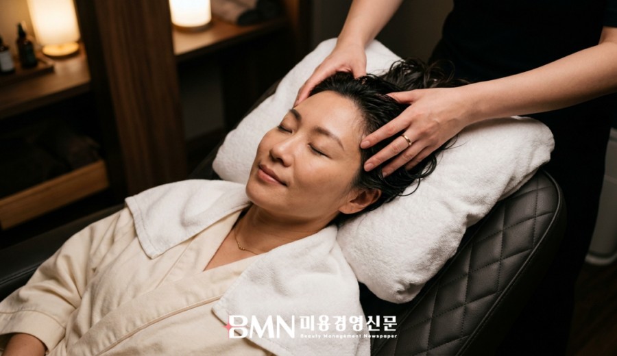 헤드스파 좌석에서 두피 지압을 받는 고객을 위에서 내려다본 장면