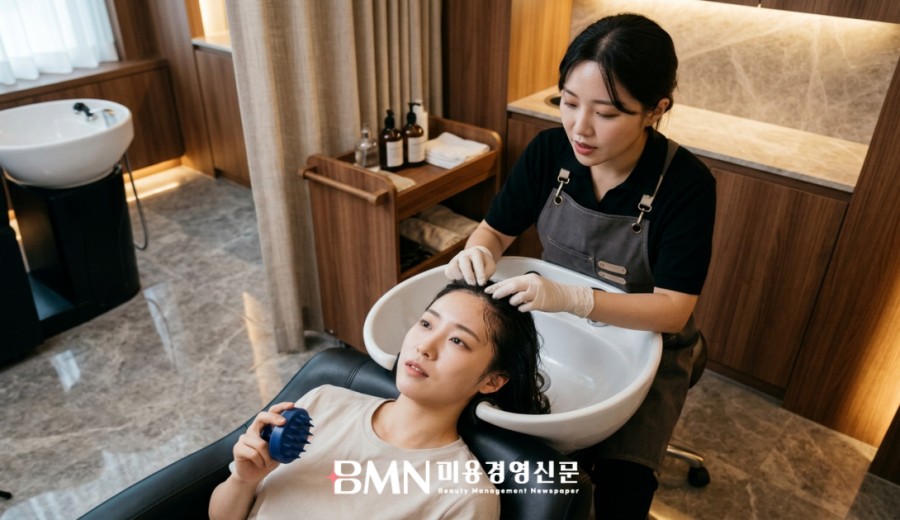 두피 상태를 살피며 샴푸 도구 사용을 상담하는 장면
