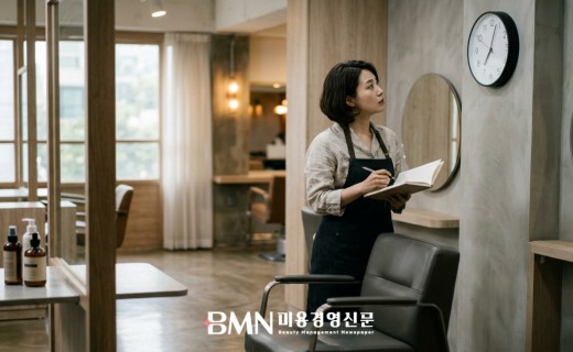 고객이 오지 않아 빈 시술 의자 옆에서 시계를 바라보는 미용실 원장