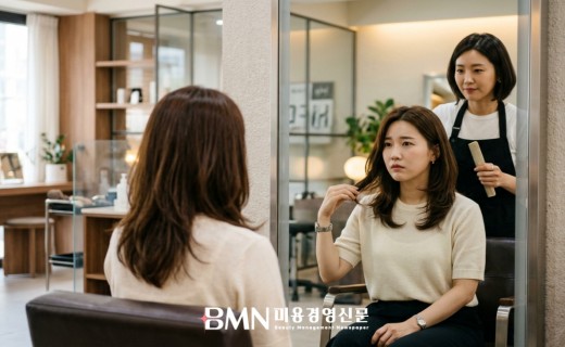 거울 앞에서 뻗친 중단발 라인을 확인하는 고객과 디자이너